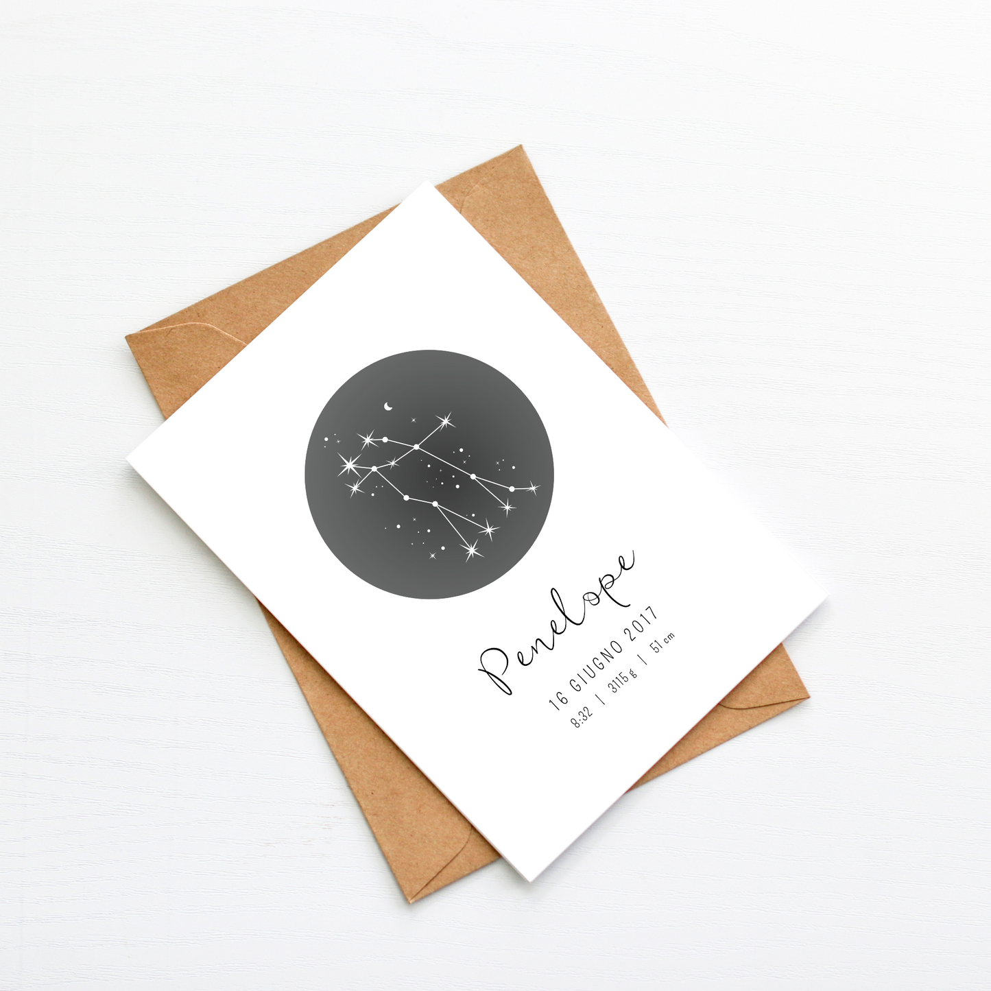 Grafica stampabile STARLIGHT MEMORIES personalizzabile con i dati di nascita del bambino stampato nella dimensione cartolina.