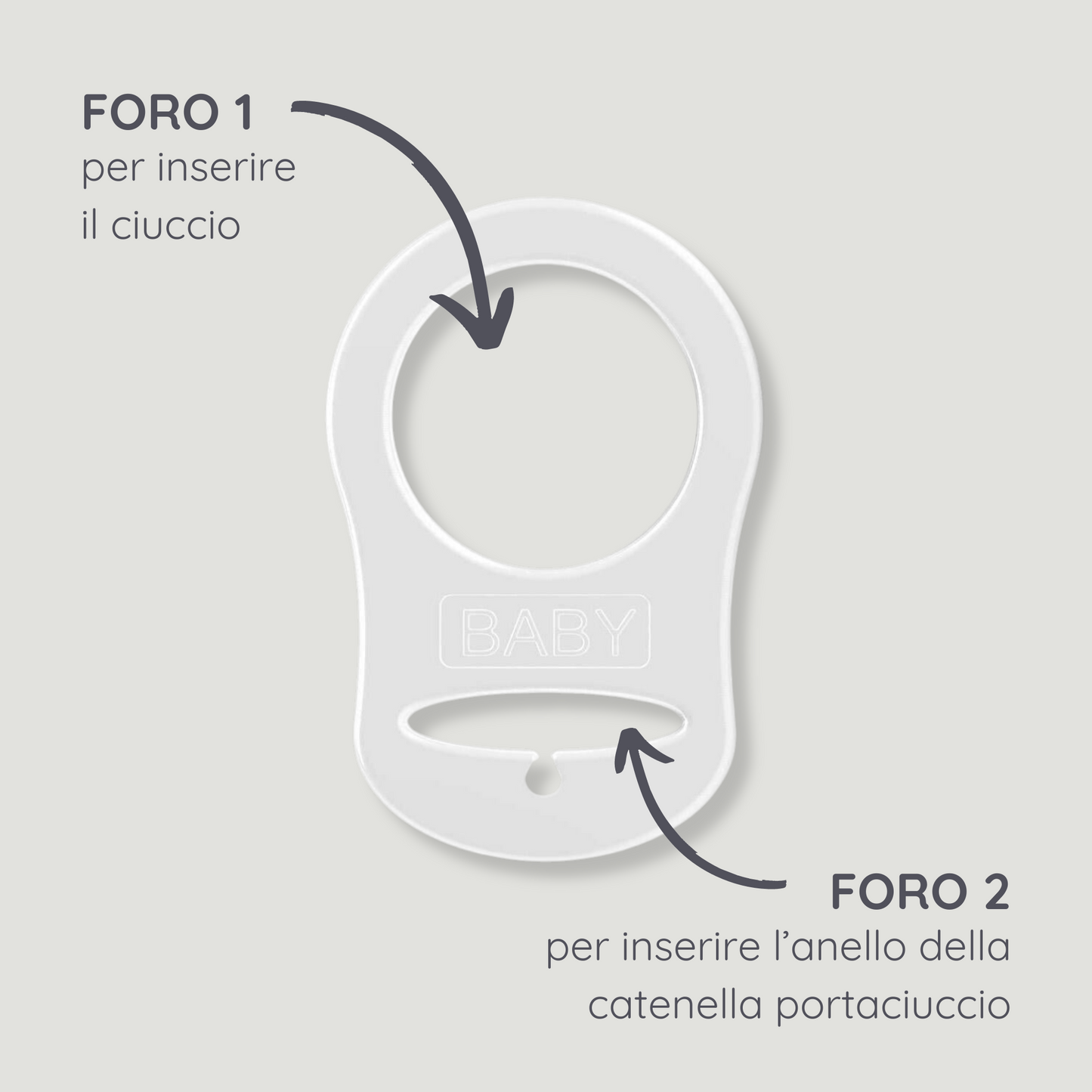Adattatore per ciuccio mam o altri ciucci senza anello in silicone, infografica, spiegazione utilizzo