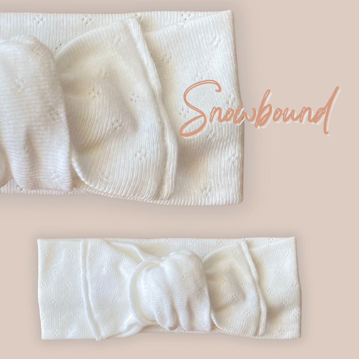 Fascia per capelli in jersey di cotone 100% colore snowbound. Dettaglio su nodo.