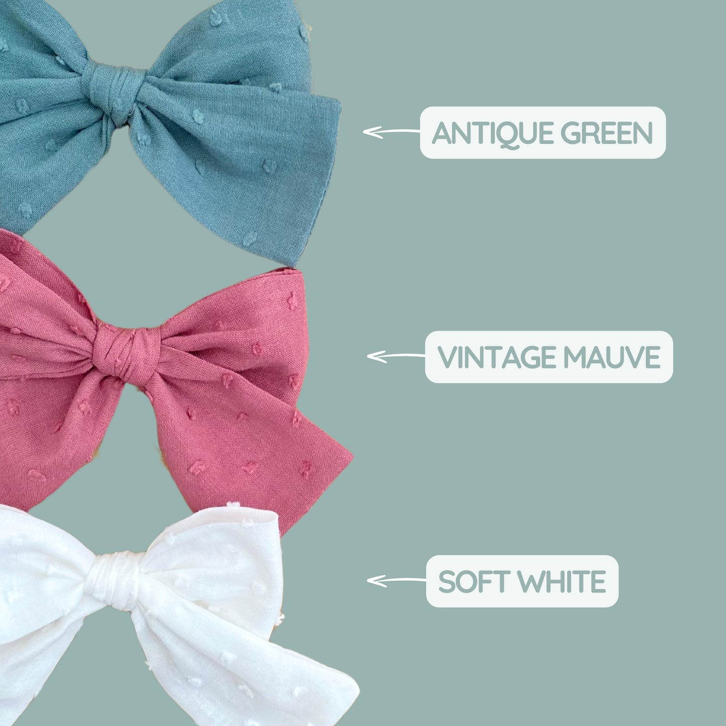 Collezione di fiocchi per capelli Classic Bow Plumetis in tre colori: vintage mauve, soft white e antique green, accessori eleganti per capelli con design raffinato.