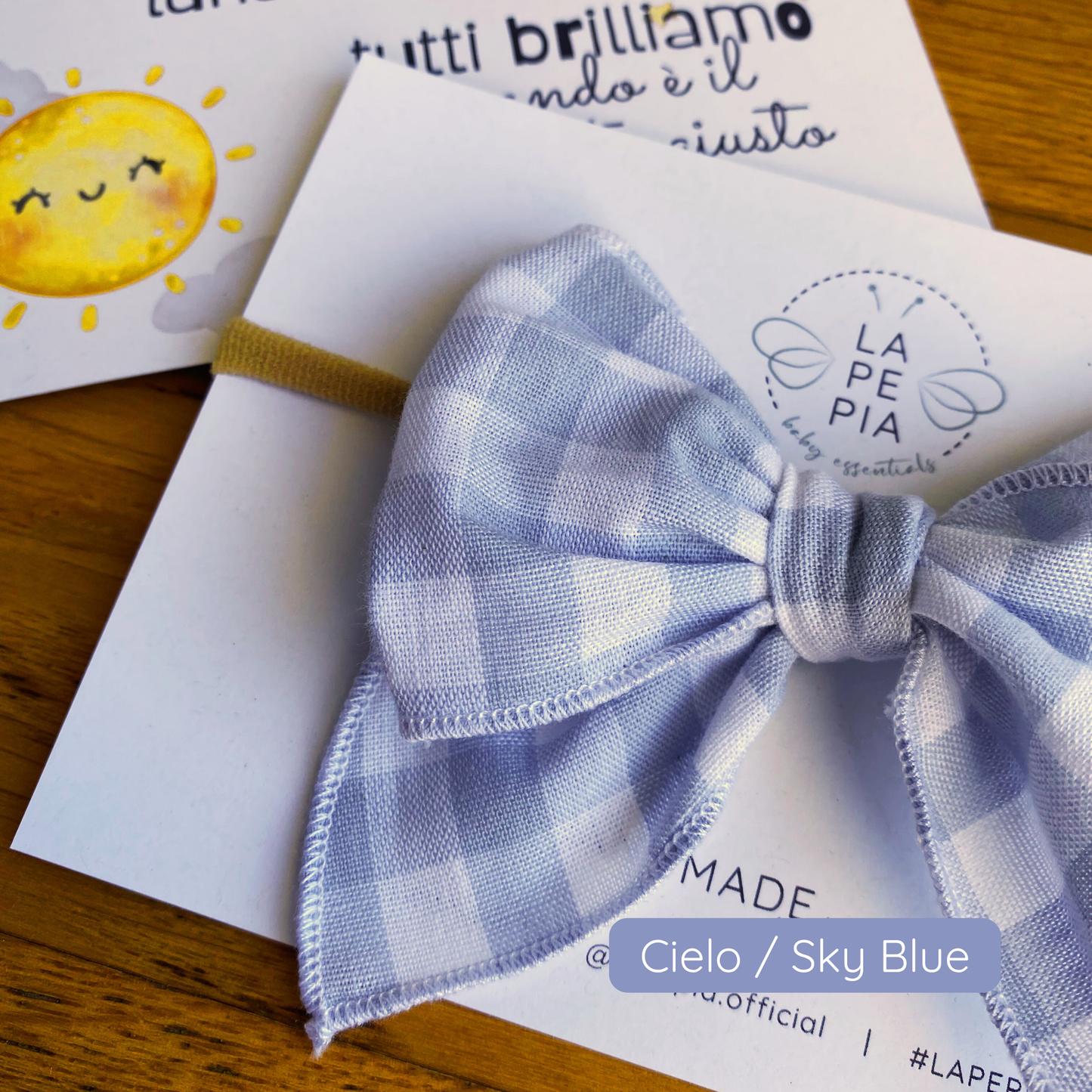 Fiocco per capelli SugarPOP color cielo, nodo a farfalla in tessuto vichy