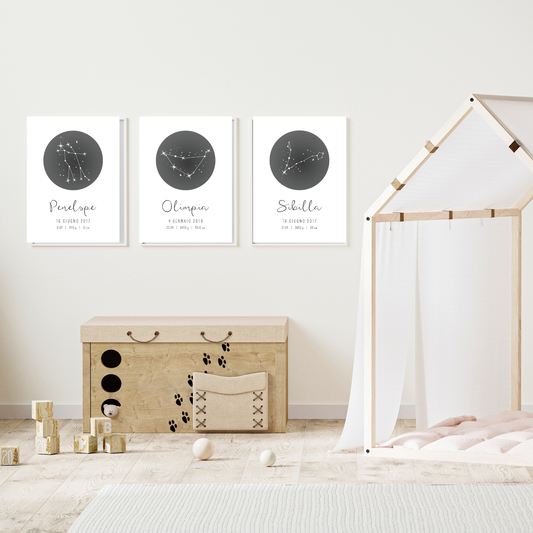 Cameretta con parete toni naturali con appesa grafica stampabile STARLIGHT MEMORIES personalizzabile con i dati di nascita del bambino, incorniciata.