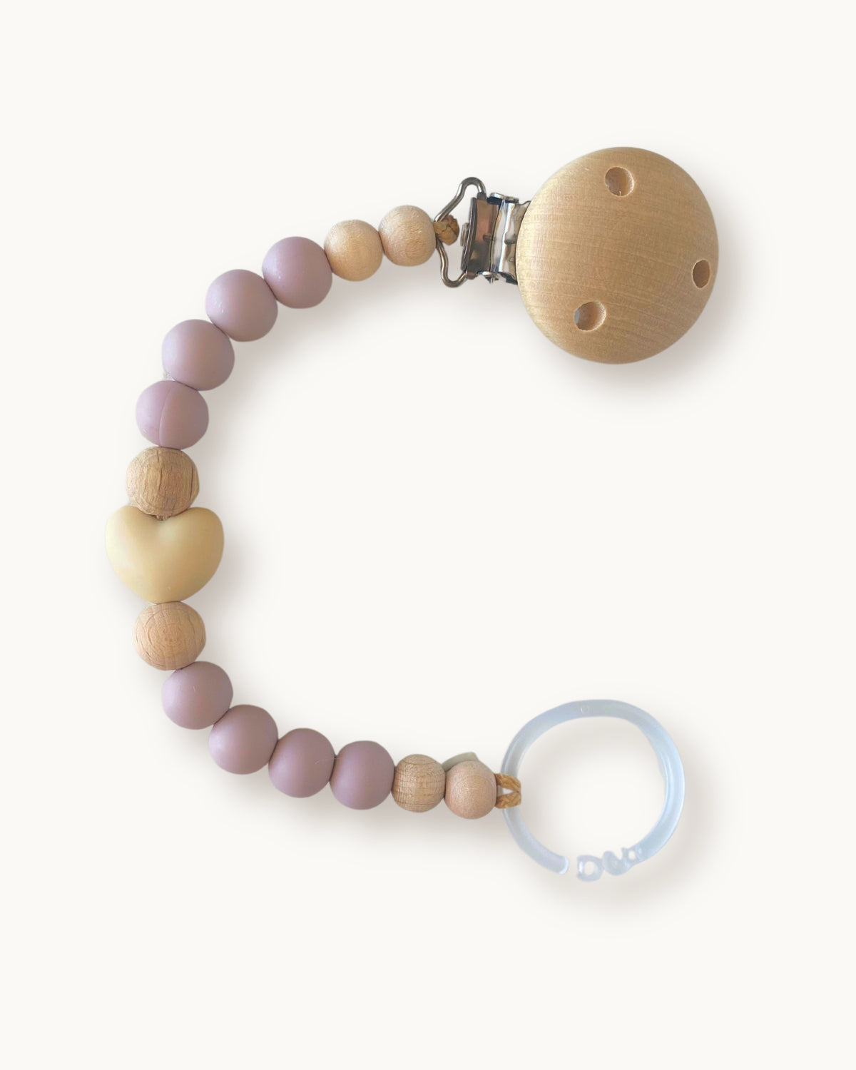 Catenella portaciuccio in silicone lilla con perla a cuore beige, per neonata.
