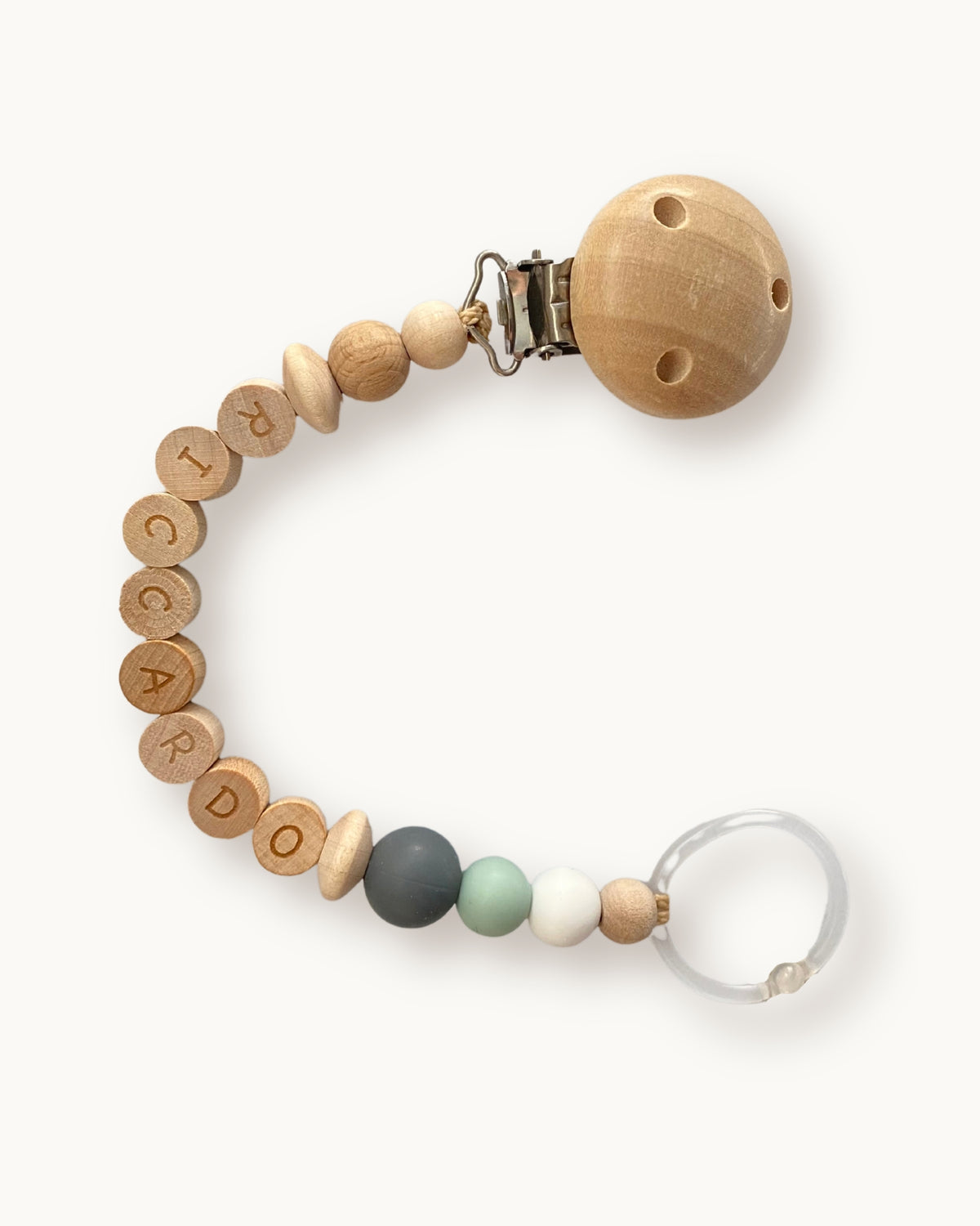 Catenella portaciuccio personalizzata con il nome in legno naturale e perline di silicone grigio antracite, menta e bianco