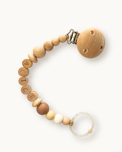 Catenella portaciuccio personalizzata con il nome in legno naturale e perline di silicone nocciola, beige e bianco