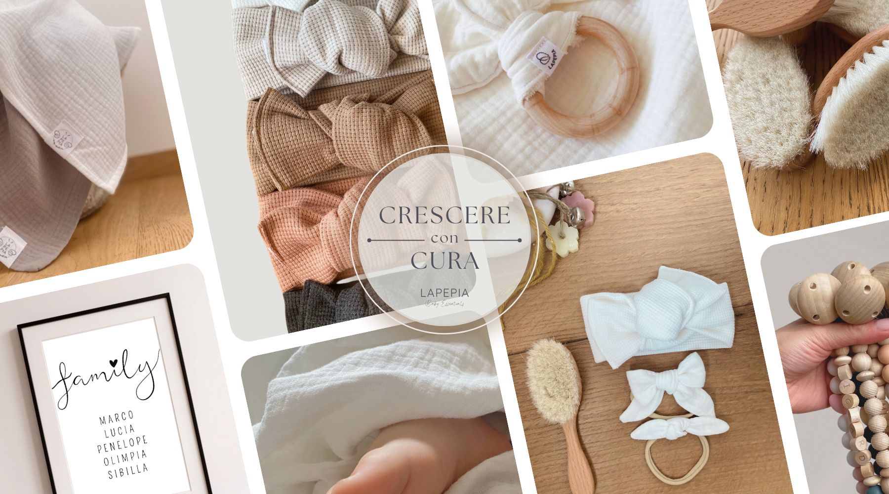 Banner LAPEPIA con testo 'Crescere con cura' e prodotti per l'infanzia