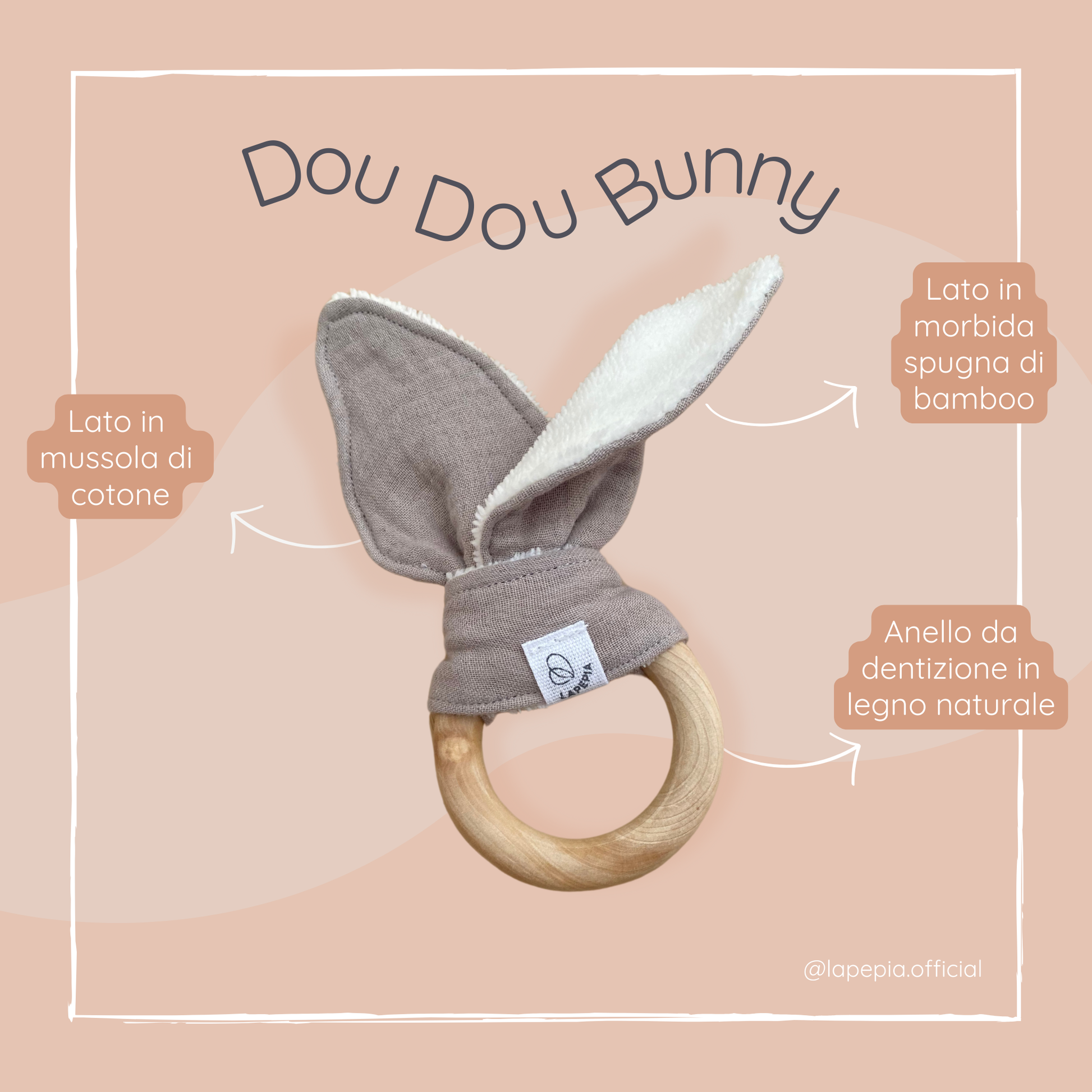 Doudou a forma di orecchie di coniglio in mussola e spugna di bamboo, infografica prodotto