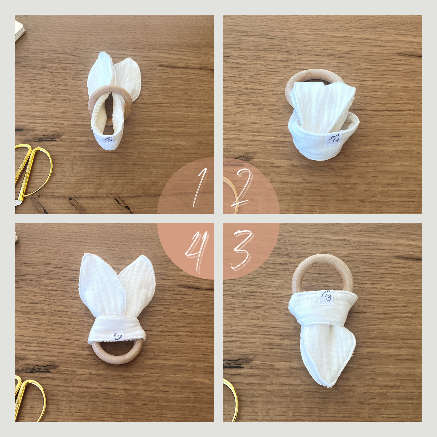 Doudou a forma di orecchie di coniglio in mussola e spugna di bamboo, con anello dentizione. Istruzioni in 4 fasi su come si annoda il tessuto sull'anello in legno.