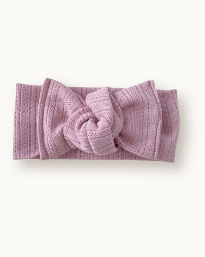 Fascia per capelli neonata con nodo in jersey di cotone pointelle e stripes colore rosa antico