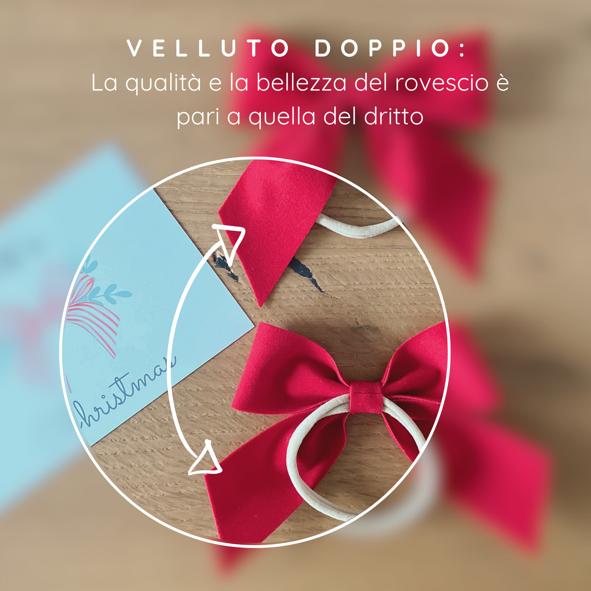 Fiocco per capelli in velluto doppio rosso. Dettaglio del rovescio del fiocco.