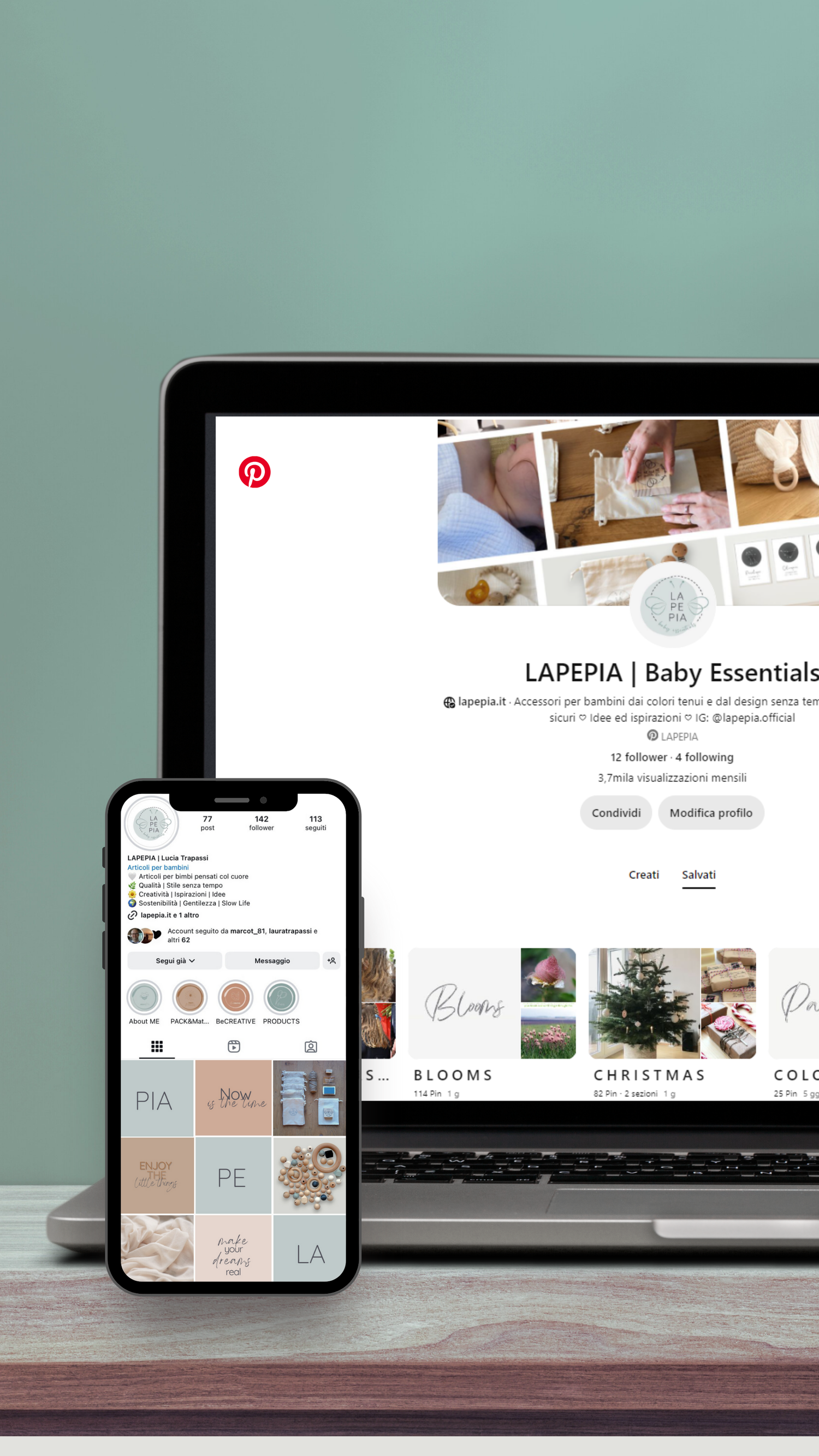 Profili social LAPEPIA su Instagram e Pinterest, community mamme sostenibili